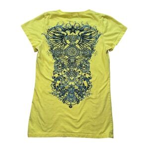 Vintage Y2K Green T Yellow Grunge Shirt Women Medium Wings Star Design Goth
